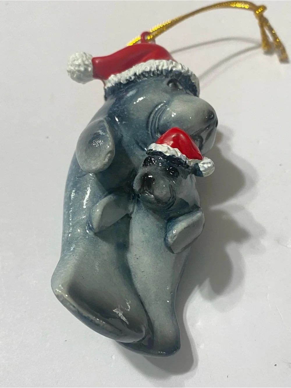 VTG Manatee Mom & Baby Christmas Ornament Santa Hats Coastal Beach Holiday Decor